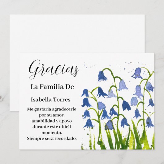 Bluebells Spanish Floral Funeral Death Thank you Kaart (Voorkant / Achterkant)