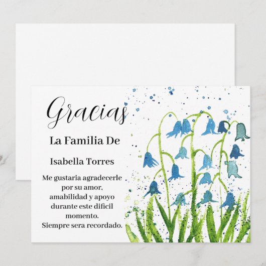 Bluebells Spanish Floral Funeral Death Thank you Kaart (Voorkant / Achterkant)