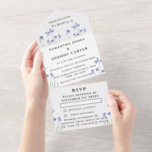 Bluebells Waterverf Blauw Bloemen RSVP Bruiloft All In One Uitnodiging (Afscheurbaar)
