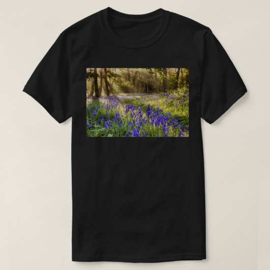 Bluebells woodland path with glowing sunrise light t-shirt (Design voorkant)