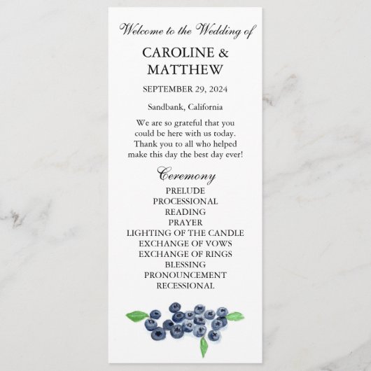 Blueberries Blauw Fruit Waterverf Rustieke Bruilof Programmakaart (Voorkant)