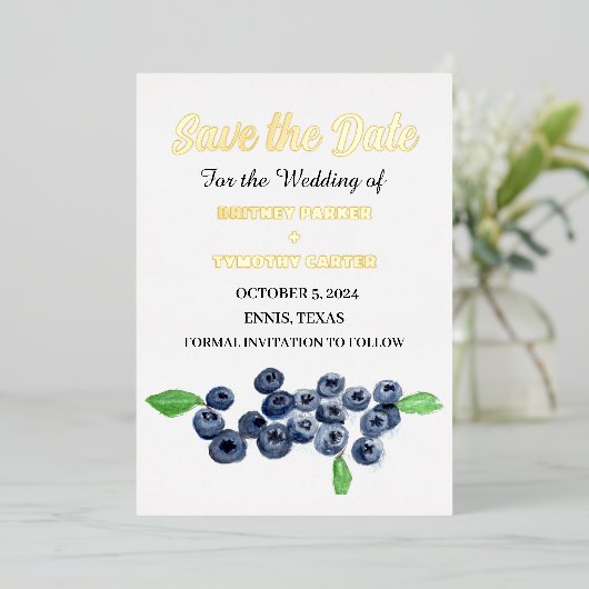 Blueberries Fruit Waterverf Foto QR Code Bruiloft Folie Uitnodiging (Staand Voorkant)