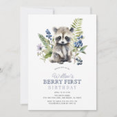 Blueberries & Raccoon Boy Berry First 1st Birthday Kaart (Voorkant)