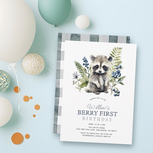 Blueberries & Raccoon Boy Berry First 1st Birthday Kaart