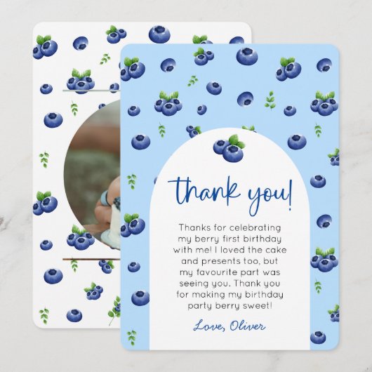 Blueberry 1e verjaardag foto Dank u Kaart (Voorkant / Achterkant)