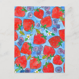 Blueberry Aardbeienbijen Waterverf Fruit Briefkaart