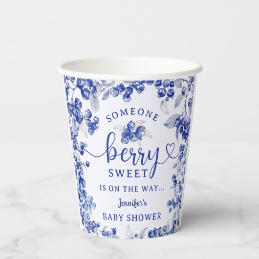 Blueberry Baby shower Blue Toile De Jouy Papieren Bekers (Achterkant)