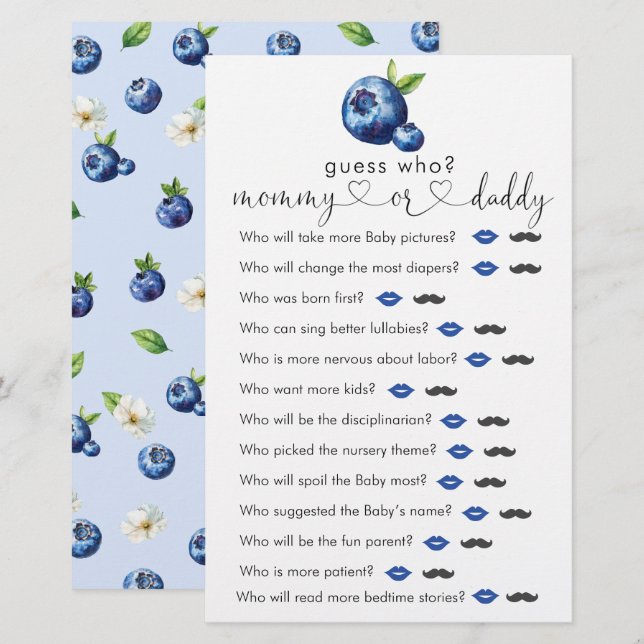 Blueberry Baby Shower "Raad Wie" Spel (Voorkant / Achterkant)