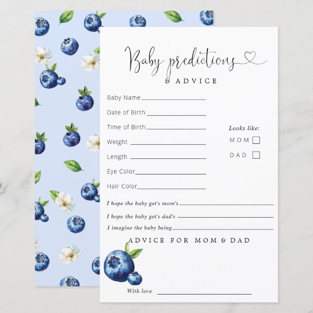 Blueberry Baby shower voorspellingen advies (Voorkant / Achterkant)