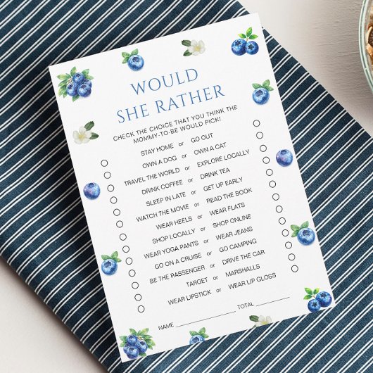 Blueberry Baby Shower Would She Rather Game Card Kaart