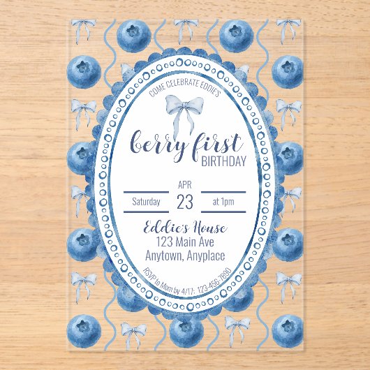 Blueberry Baby's Berry First 1st Birthday Party Acryl Uitnodigingen (Voorkant)