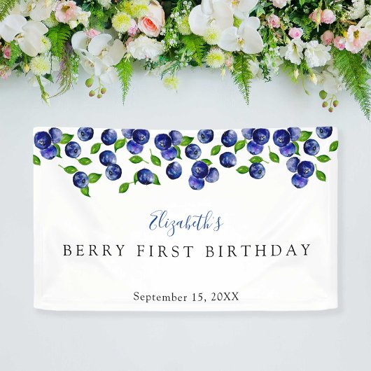 Blueberry Berry First Birthday Eenvoudige achtergr Spandoek