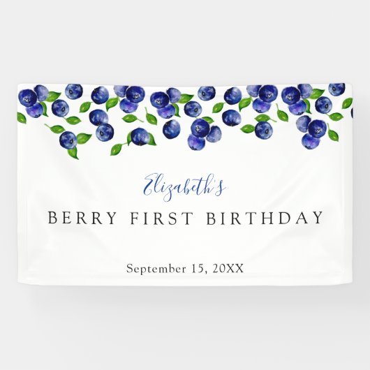 Blueberry Berry First Birthday Eenvoudige achtergr Spandoek (Horizontaal)