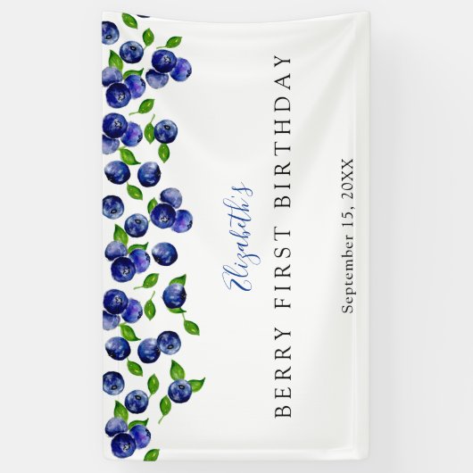 Blueberry Berry First Birthday Eenvoudige achtergr Spandoek (Verticaal)