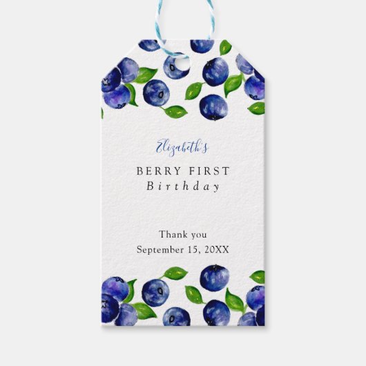 Blueberry Berry First Birthday Waterverf Cute Cadeaulabel (Voorkant)