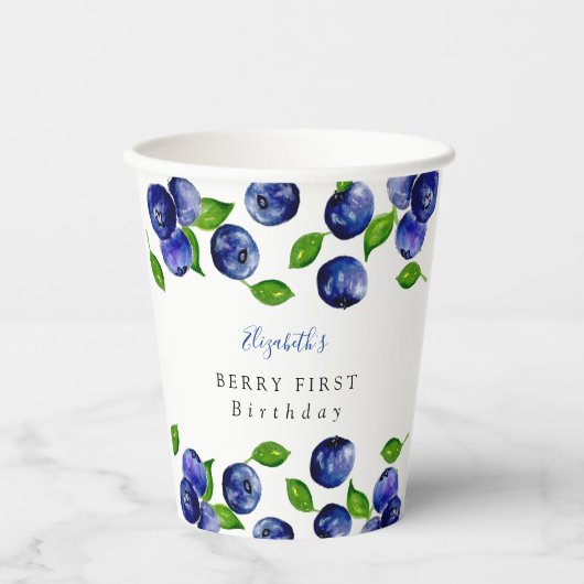 Blueberry Berry First Birthday Waterverf Cute Papieren Bekers (Voorkant)