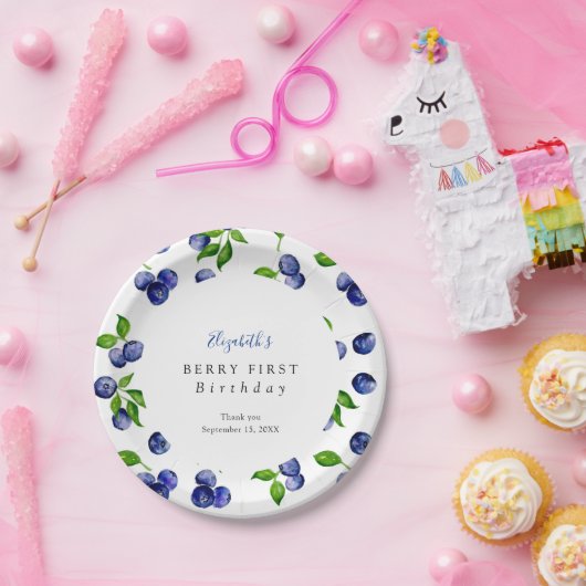 Blueberry Berry First Birthday Waterverf Cute Papieren Bordje (Feest)
