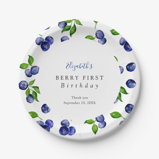 Blueberry Berry First Birthday Waterverf Cute Papieren Bordje (Voorkant)