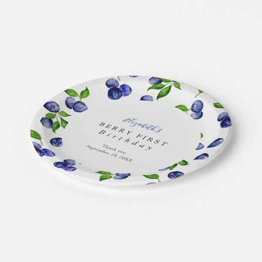 Blueberry Berry First Birthday Waterverf Cute Papieren Bordje (Gekanteld)