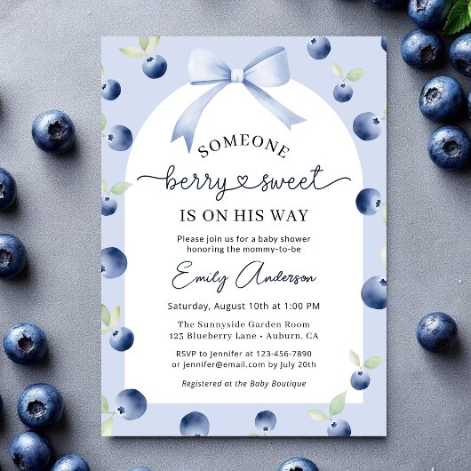 Blueberry Berry Sweet Boy Bow Baby shower Kaart
