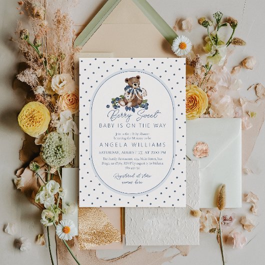 Blueberry Berry Sweet Dusty Blue Boy Baby shower Kaart