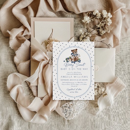 Blueberry Berry Sweet Dusty Blue Boy Baby shower Kaart