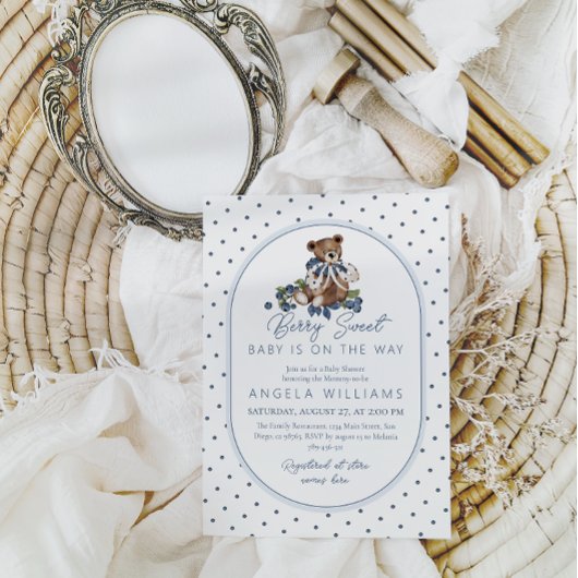 Blueberry Berry Sweet Dusty Blue Boy Baby shower Kaart