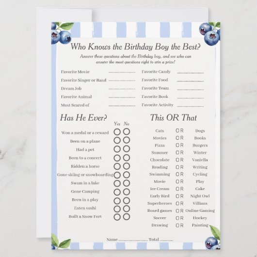 Blueberry Birthday boy Trivia Trio Game card Feestdagenkaart (Voorkant)