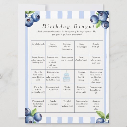 Blueberry Birthday Find Guest Bingo game card Feestdagenkaart (Voorkant)