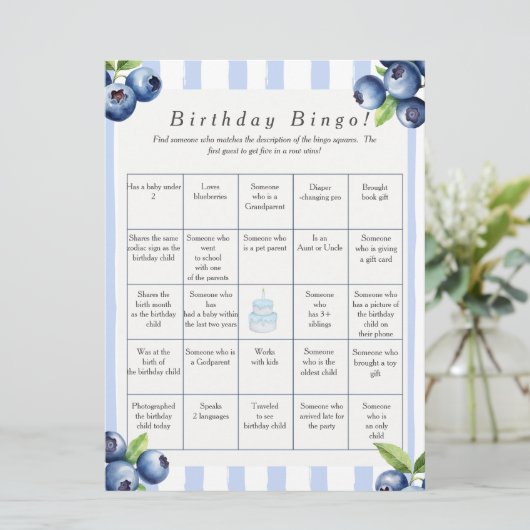 Blueberry Birthday Find Guest Bingo game card Feestdagenkaart (Staand voorkant)