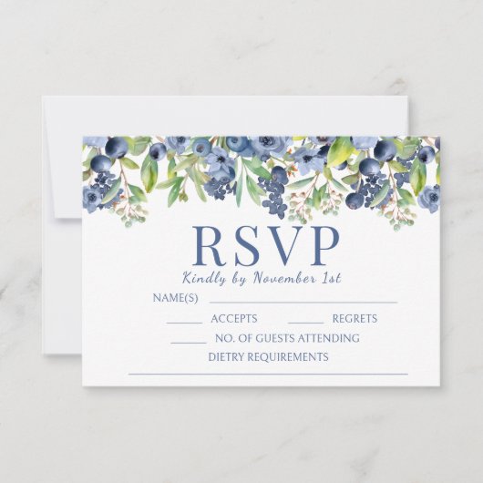 Blueberry blauwe bloemen bruiloft RSVP kaarten (Voorkant)