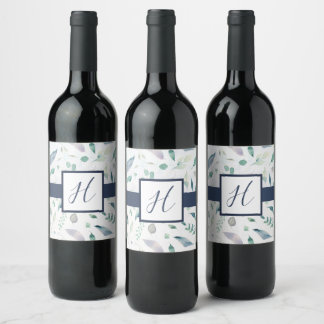 Blueberry Bloemen Monogram Wijnfles Wijn Etiket