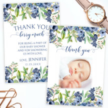 Blueberry bloemig baby shower foto dank u kaarten