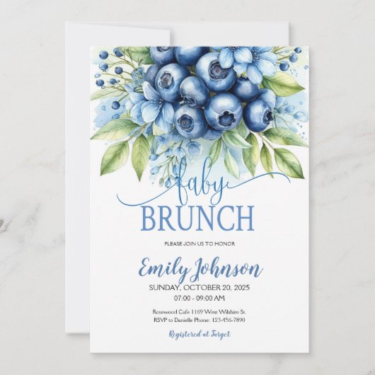 Blueberry & Blue Flowers Baby Brunch Uitnodiging