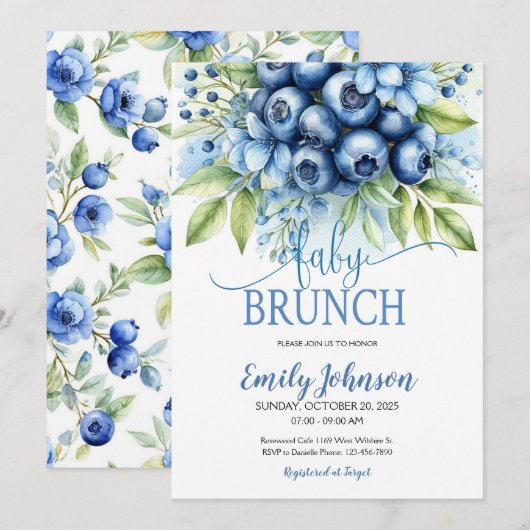 Blueberry & Blue Flowers Baby Brunch Uitnodiging (Voorkant / Achterkant)