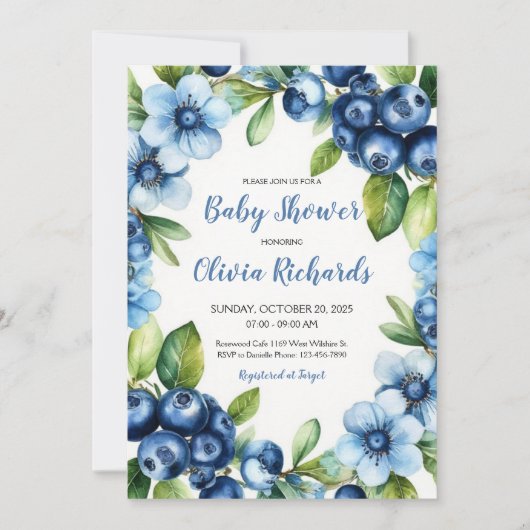 Blueberry & Blue Flowers Baby shower uitnodiging (Voorkant)