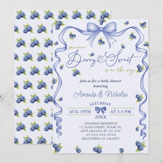 Blueberry Bow-Baby shower Kaart (Voorkant / Achterkant)