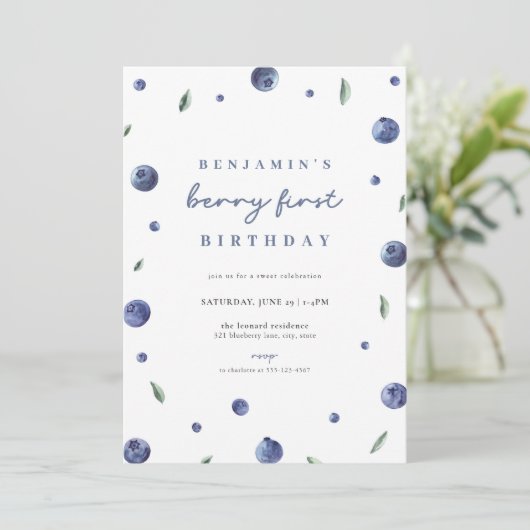 Blueberry Boy Berry Eerste Verjaardag Uitnodiging (Staand voorkant)
