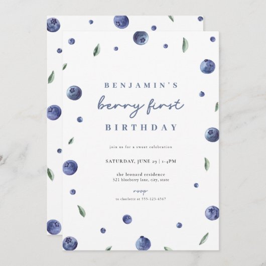 Blueberry Boy Berry Eerste Verjaardag Uitnodiging (Voorkant / Achterkant)