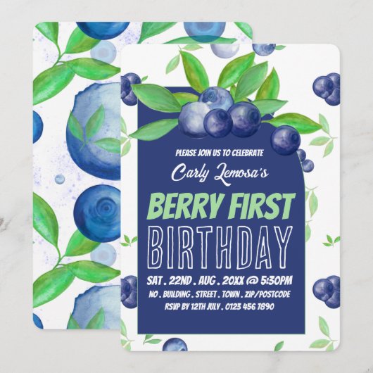 Blueberry Design, eerste verjaardag van Berry Kaart (Voorkant / Achterkant)
