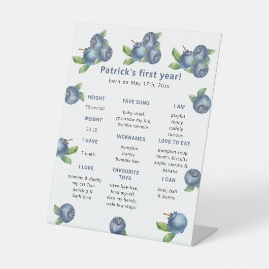 Blueberry eerste verjaardag mijlpaal verjaardag reclamebord met voetstuk (Voorkant)