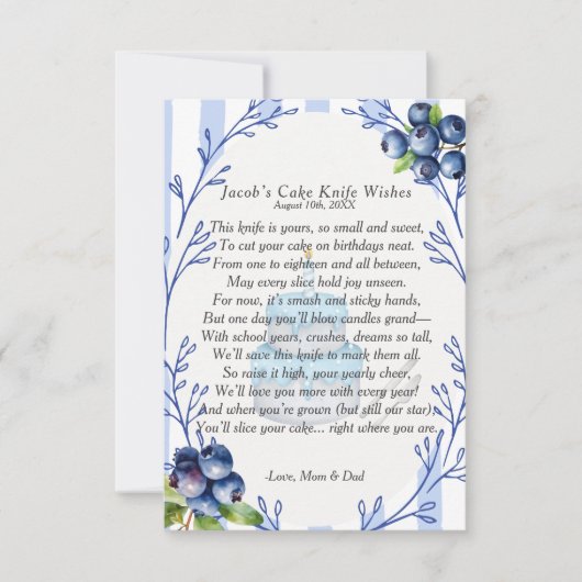 Blueberry eerste verjaardagstaart mes gedicht kaart (Voorkant)