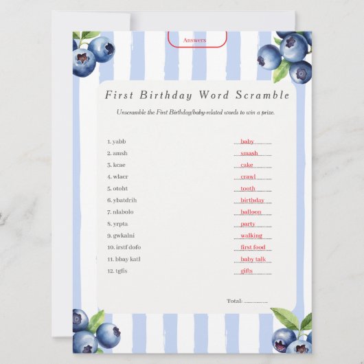 Blueberry First Birthday Word Scramble Answer Key Feestdagenkaart (Voorkant)