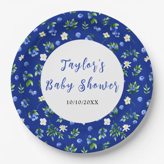Blueberry Floral Baby Shower Papieren Bordje (Voorkant)