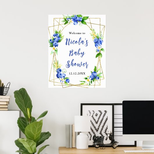 Blueberry Floral Baby Shower Welcome Poster (Thuiskantoor)