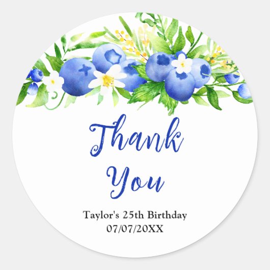 Blueberry Floral Birthday Party Thank You Ronde Sticker (Voorkant)