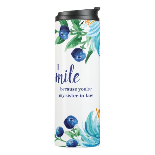 Blueberry Floral Sister-in-Laugh Funny Quote Thermosbeker (Gedraaid links)