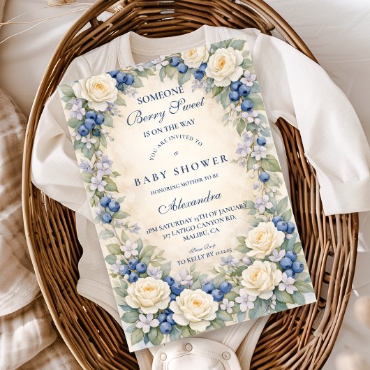 Blueberry Floral Wreath Baby Shower Kaart