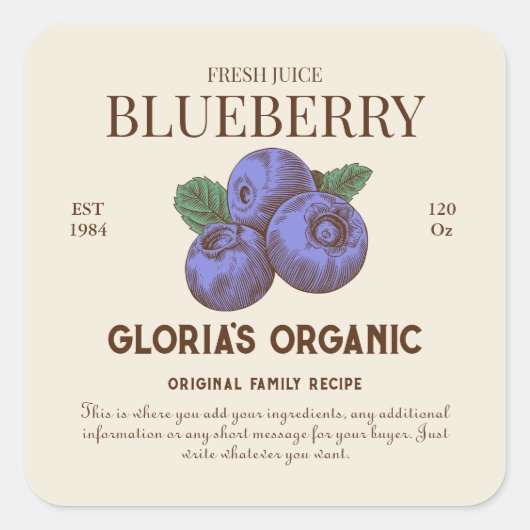  Blueberry Fruit Juice Productlabel Vierkante Sticker (Voorkant)