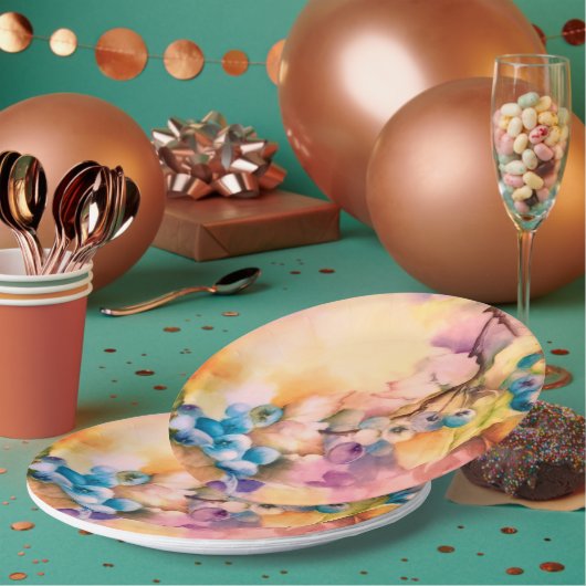 Blueberry Fruit Pattern — Hand-Painted Berries Papieren Bordje (Multi)